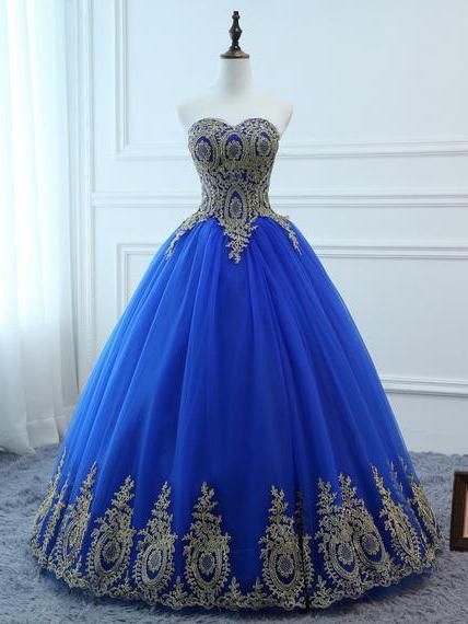 Blue Dress Long A-line Gold Applique Lace Dress Tulle Sexy Backless Women Formal Prom Dresses cg16758