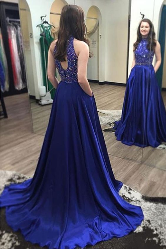 Blue Dress Long A-line beaded Dress Sexy Women Formal Prom Dresses cg16759