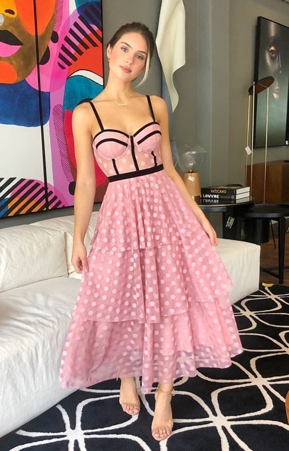 Chic A-Line Sweetheart Pink Point Tulle Tea Length Evening Dresses Prom Dress cg16793