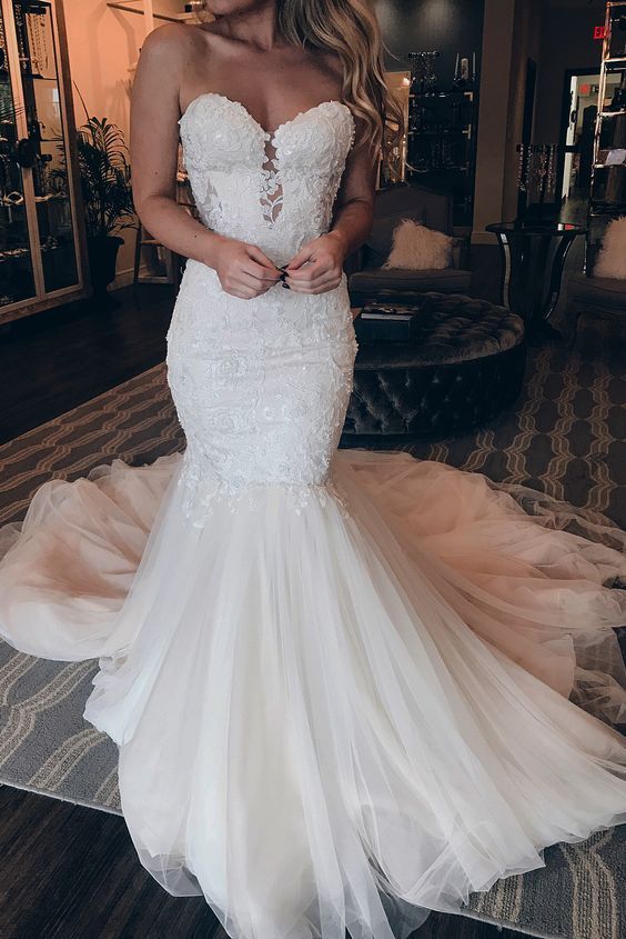 Elegant Evening prom Dresses Custom Made Sweetheart Neckline Tulle Mermaid Long Wedding Dress with Appliques cg16798