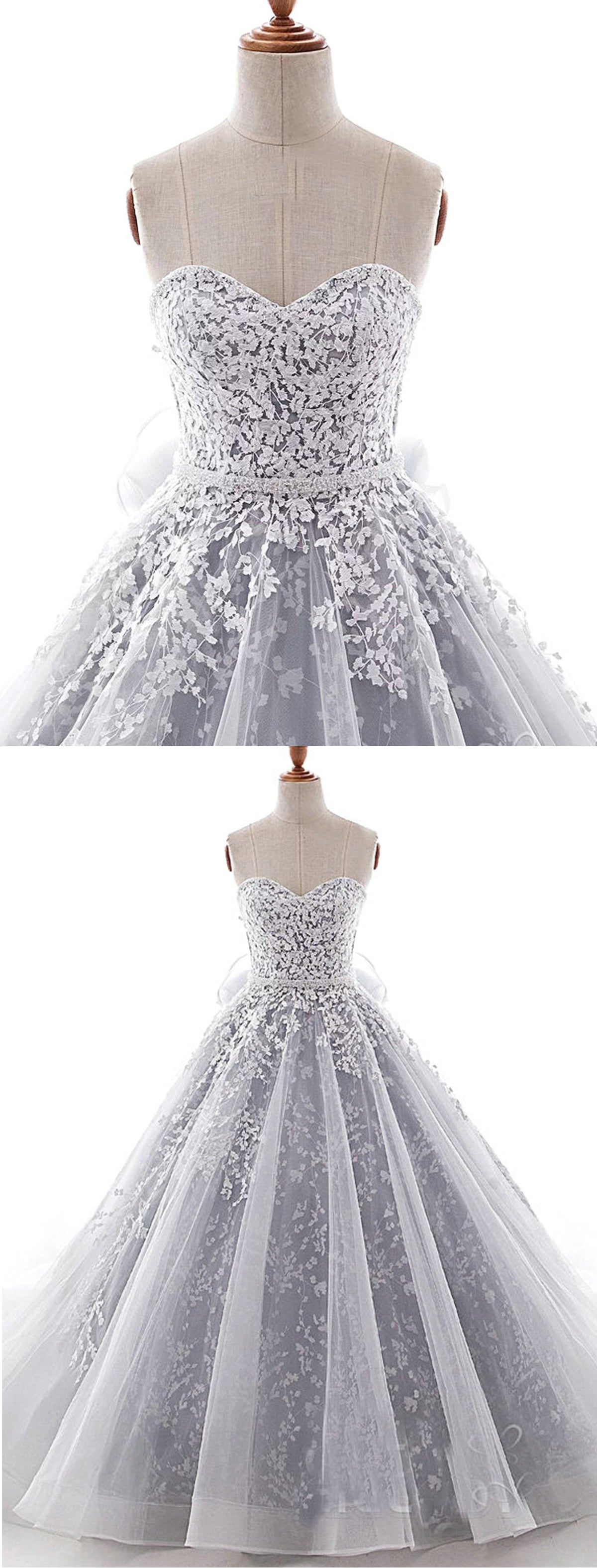 Sweetheart Neck Gray Organza Lace Applique Long Formal Prom Dress, Evening Dress cg16799