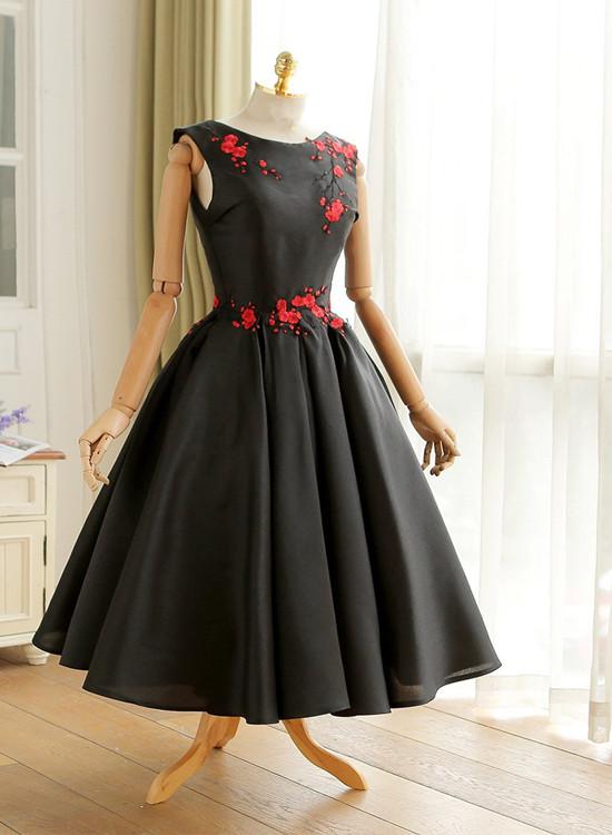 Homecoming Dresses Black Vintage Style Tea Length Wedding Party Dress cg16806