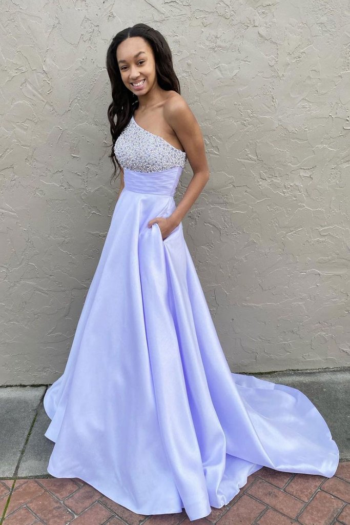 PURPLE ONE SHOULDER SATIN BEADS LONG PROM DRESS SATIN FORMAL DRESS cg16811