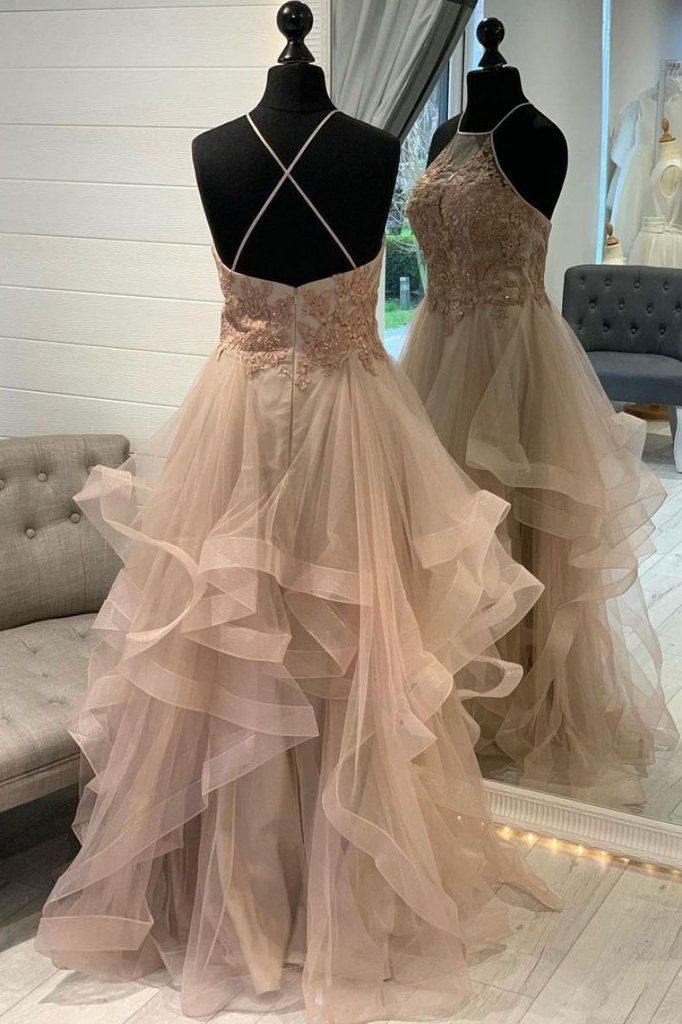 CHAMPAGNE TULLE LACE LONG PROM DRESS CHAMPAGNE FORMAL DRESS cg16813