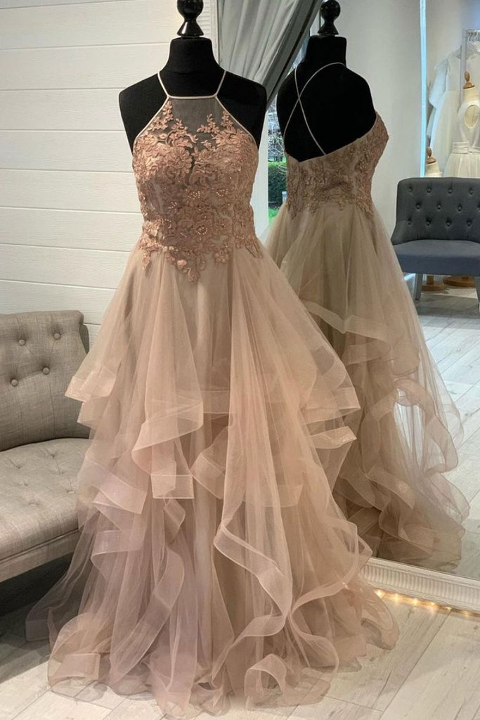 CHAMPAGNE TULLE LACE LONG PROM DRESS CHAMPAGNE FORMAL DRESS cg16813