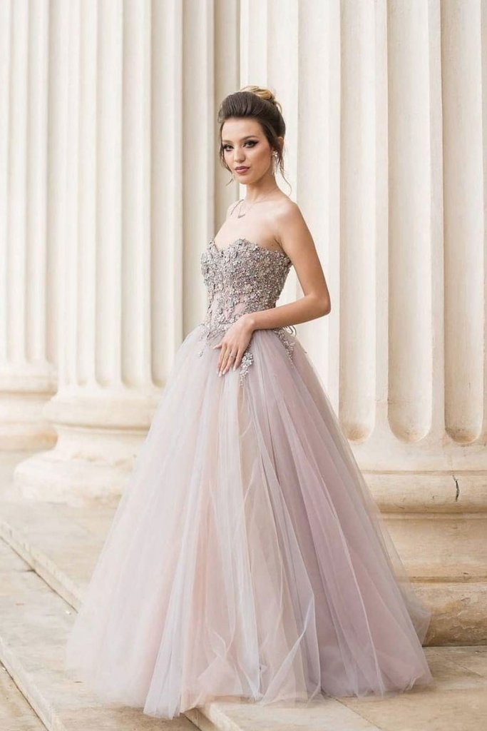 GRAY TULLE LACE LONG PROM DRESS GRAY TULLE FORMAL DRESS cg16814