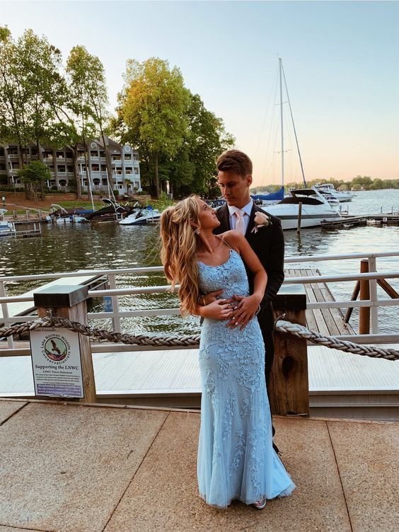 Sky blue lace mermaid prom dresses,applique cross back evening gown cg16817