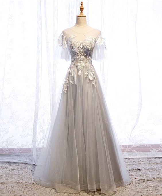 Gray tulle lace long prom dress gray tulle lace evening dress cg16818