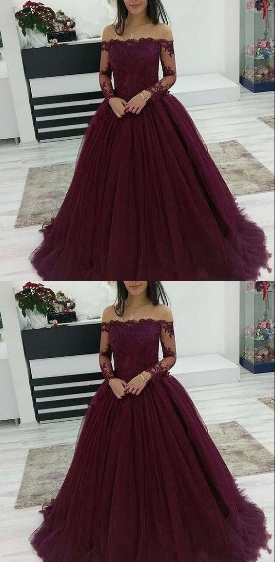 Burgundy Prom Dresses Off The Shoulder Lace Applique Long Sleeves Tulle Evening Dress cg16824