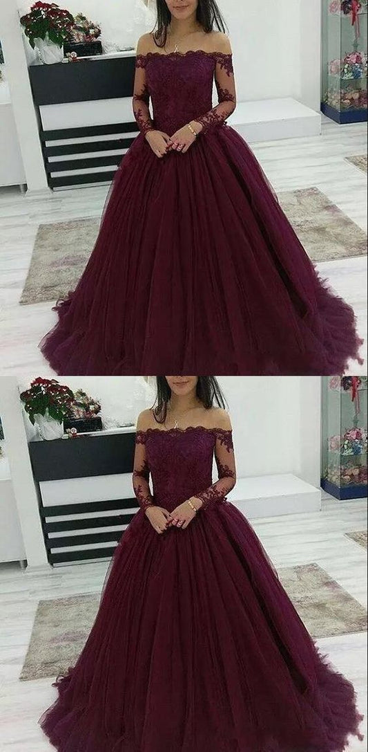 Burgunderrotes Ballkleid mit schulterfreiem, spitzenbesetztem Tüll-Abendkleid mit langen Ärmeln cg16824