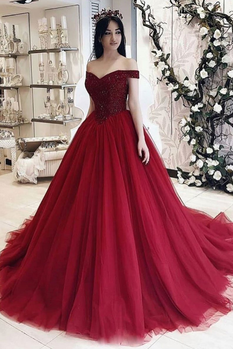 Classic A Line Off the Shoulder Burgundy Tulle Long Prom Dresses with Beading cg16826