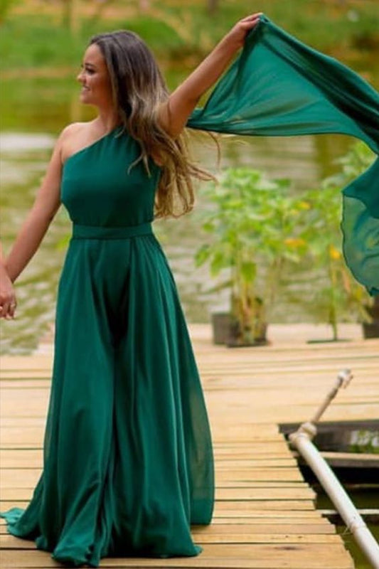 Grünes Chiffon Brautjungfernkleid mit einer Schulter, Ballkleid cg16833