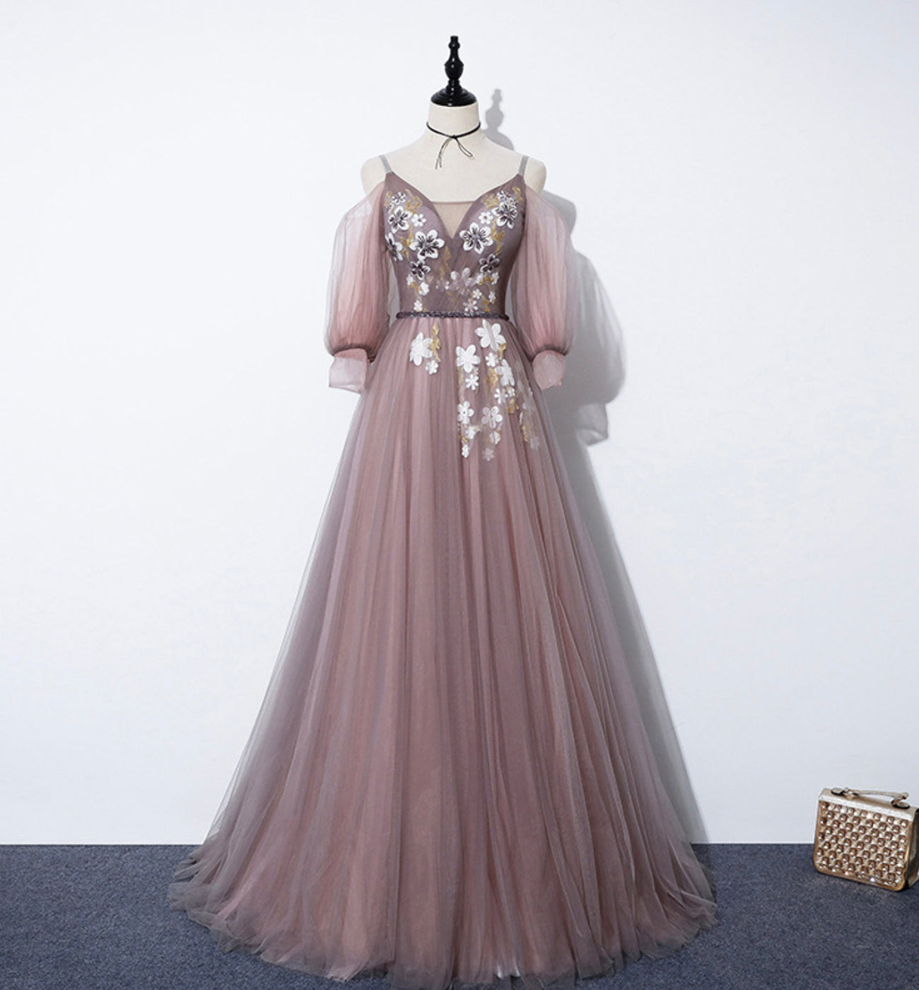 CUTE V NECK TULLE LONG A LINE PROM DRESS EVENING DRESS cg16843