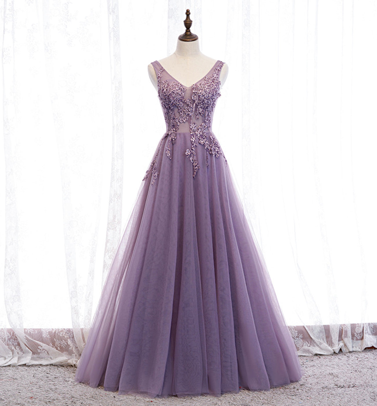 PURPLE V NECK LONG A LINE PROM DRESS LACE EVENING DRESS cg16844