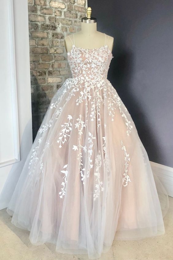 2021 spaghetti straps ivory lace long prom gown princess dress cg16850