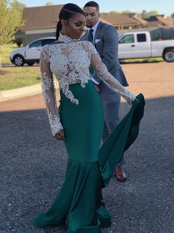 Trumpet/Mermaid Long Sleeves High Neck Sweep/Brush Train Applique Satin Dresses Prom Dress cg16871