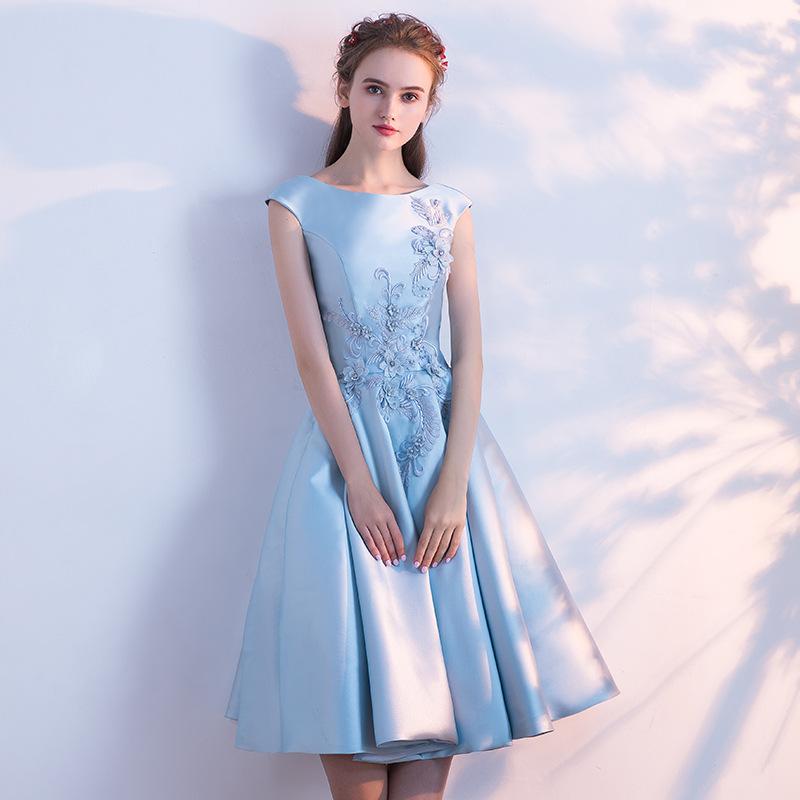 Blue Satin Knee Length Round Neckline Party Dress, Blue Prom Dress Bridesmaid Dress cg16876