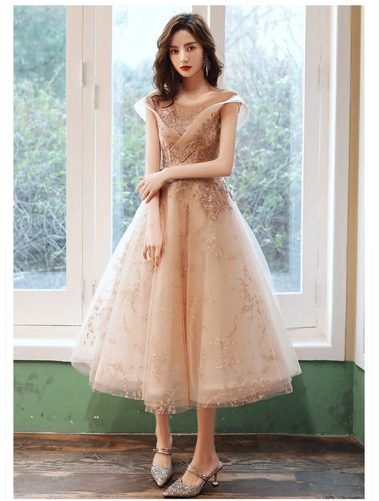 Helles Champagner-Applikations-Tüll-Flügelärmel-Partykleid, Ballkleid, Brautjungfernkleid, cg16877