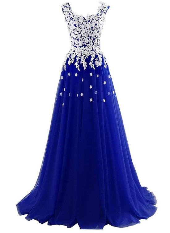 Long Blue Tulle Prom Dresses,White Appliques Princess Dress, Wedding Party Dress cg16878