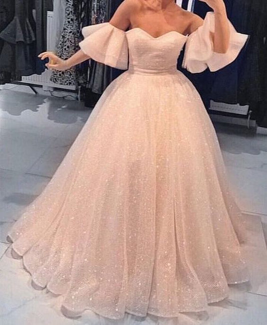 Glitzernde Ballkleider A-Linie Off-the-Shoulder Kurzarm Schickes langes Ballkleid cg1688