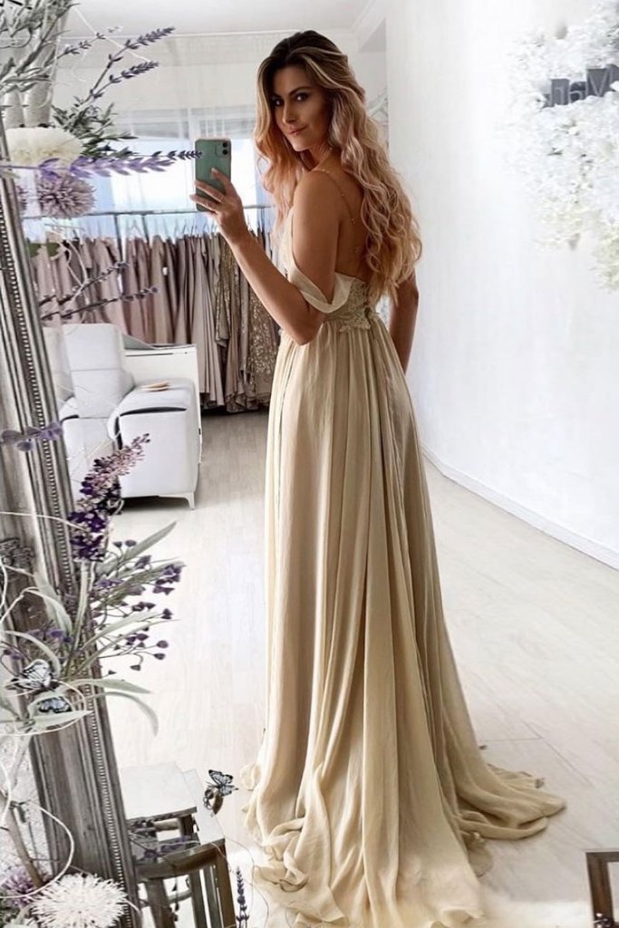 CHAMPAGNE V NECK CHIFFON LACE LONG PROM DRESS LACE FORMAL DRESS cg16884