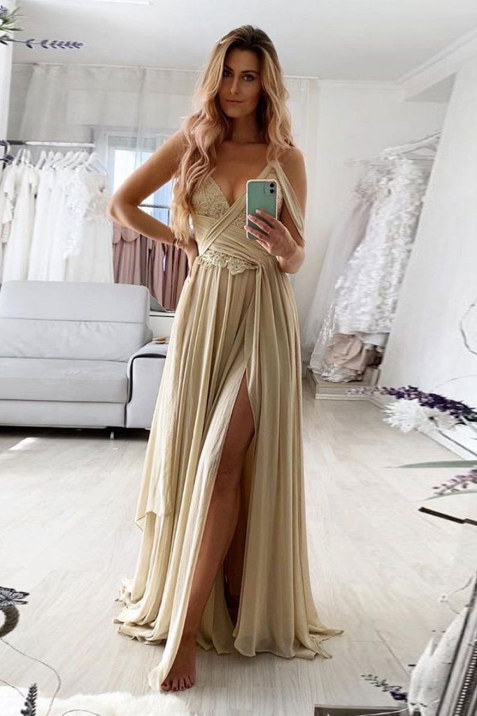 CHAMPAGNE V NECK CHIFFON LACE LONG PROM DRESS LACE FORMAL DRESS cg16884
