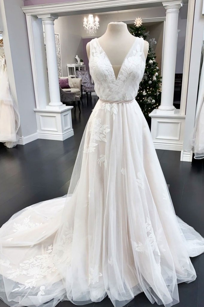 WHITE V NECK TULLE LACE LONG PROM DRESS WHITE LACE FORMAL DRESS cg16885