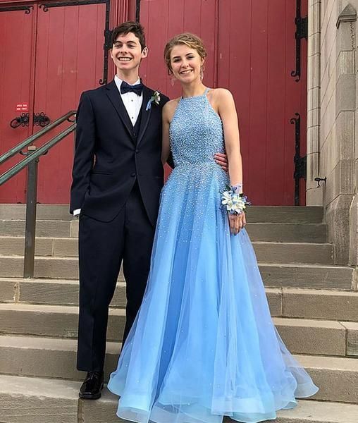 Blue tulle beads long prom dress, blue tulle evening dress cg16891