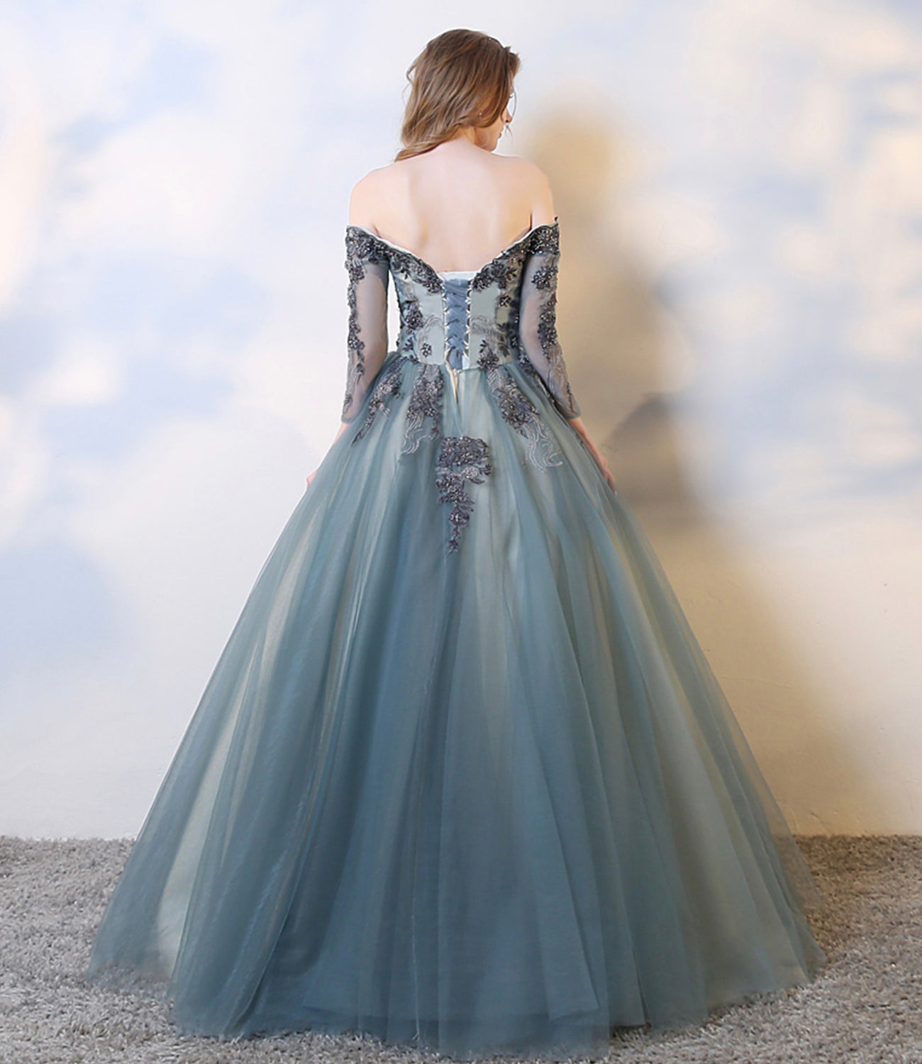 BLUE LACE LONG A LINE PROM DRESS EVENING DRESS cg16915