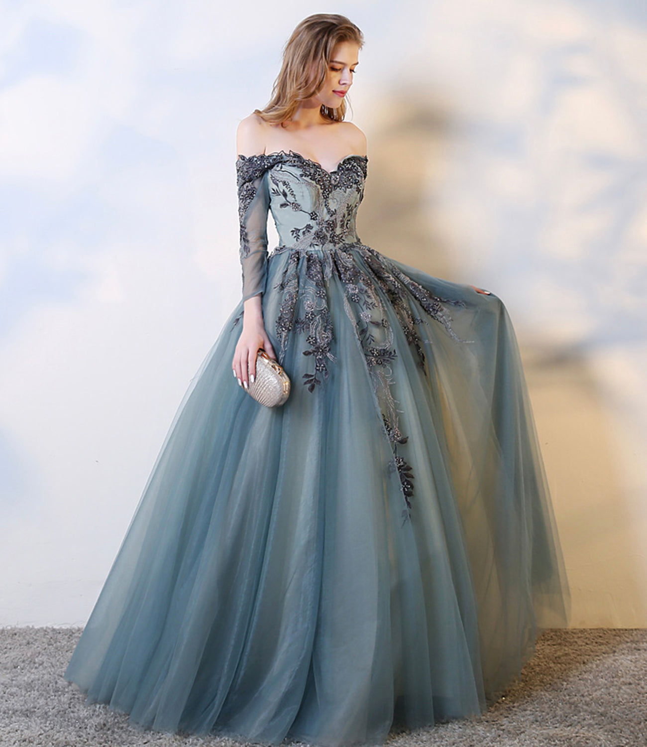BLUE LACE LONG A LINE PROM DRESS EVENING DRESS cg16915