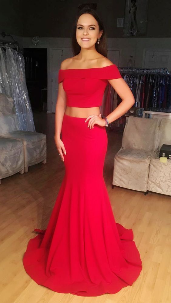 Two Piece Off the Shoulder Red Mermaid Satin Long Prom Dress cg16935