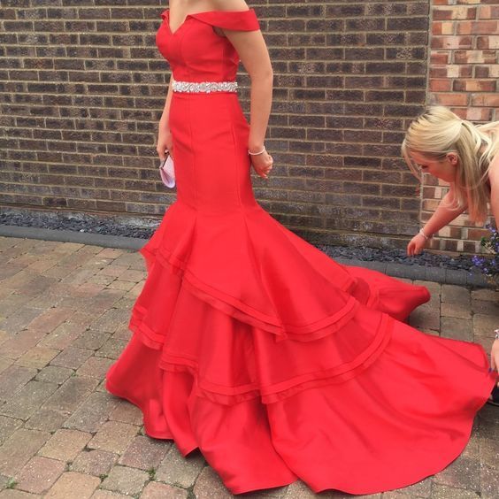 Charming Off-the-shoulder Red Party Dresses with Sweep Train Mermaid Prom Dresses cg16939