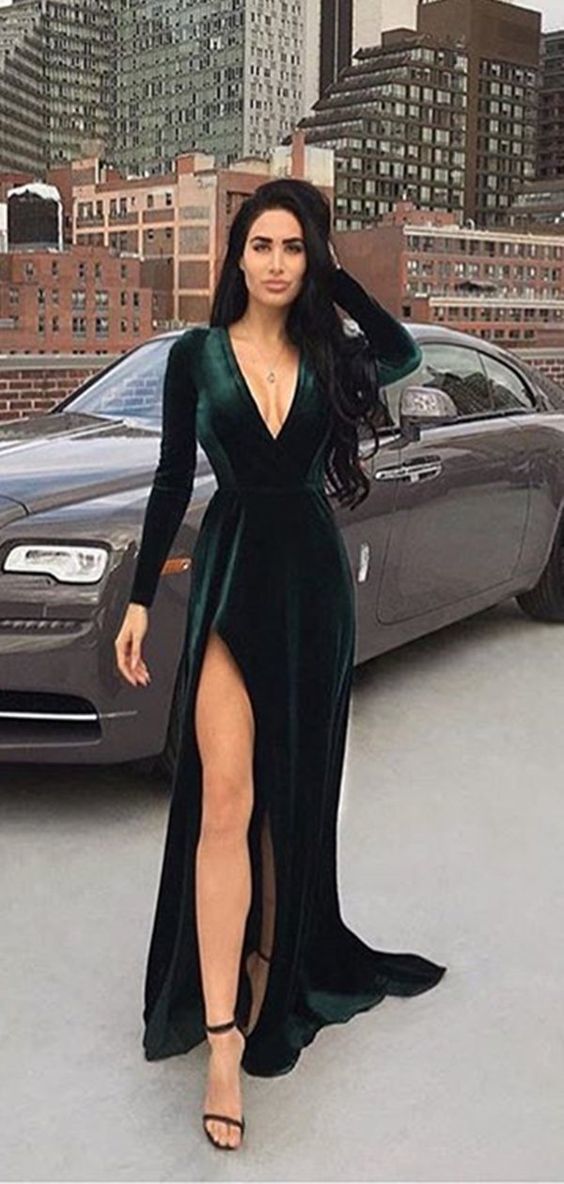 V-neck Emerald Green Velvet Prom Dresses, Side Slit Prom Dresses, Long Prom Dresses cg16948