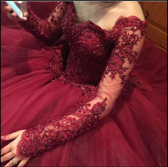 Burgundy Long Sleeves Quinceanera Dress Sweet 15 Dresses Ball Gown prom dress Wedding Gown cg16962