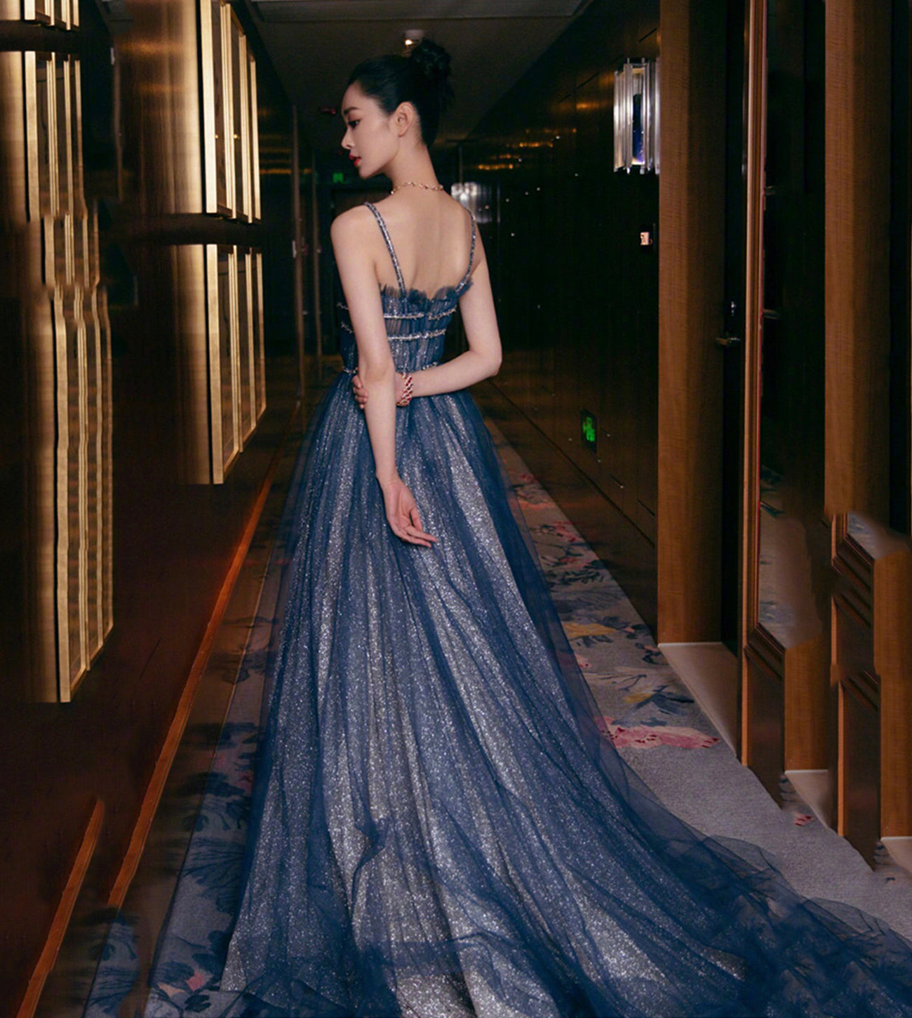 BLUE TULLE LONG PROM DRESS SHINY EVENING DRESS cg16963
