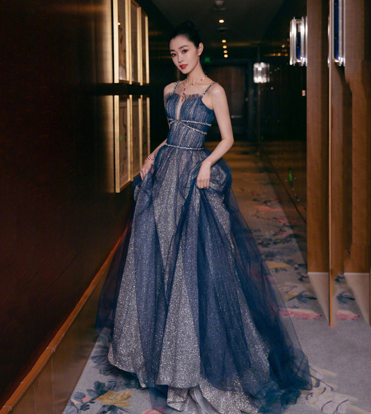 BLUE TULLE LONG PROM DRESS SHINY EVENING DRESS cg16963