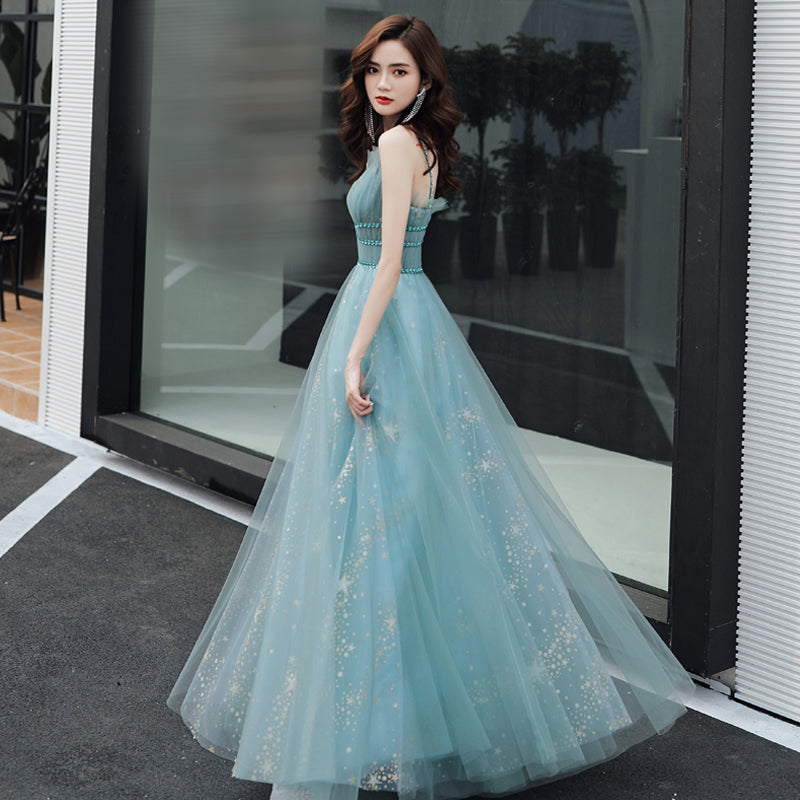 BLUE TULLE LONG A LINE PROM DRESS BLUE EVENING DRESS cg16964