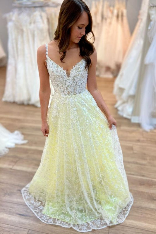 2021 gelbes langes A-Linien-Spitzen-Ballkleid cg16974