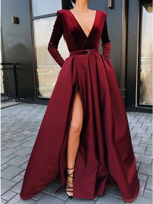 Sexy Schlitz Abendkleid V-Ausschnitt Burgund Abendkleider Partykleider cg1698