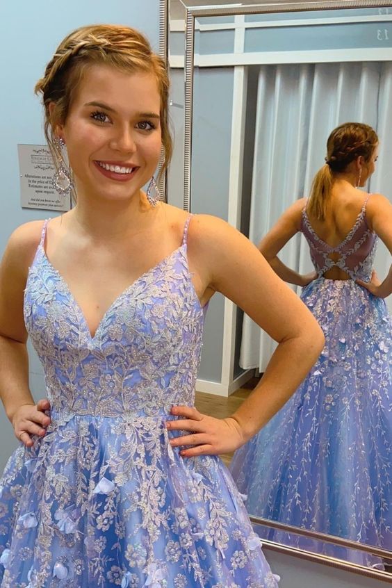 2021 A-line blue lace long prom gown ball gown cg16983
