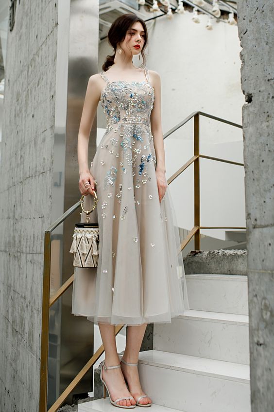 A-Line Beaded Tea Length Long Prom Dress cg16986