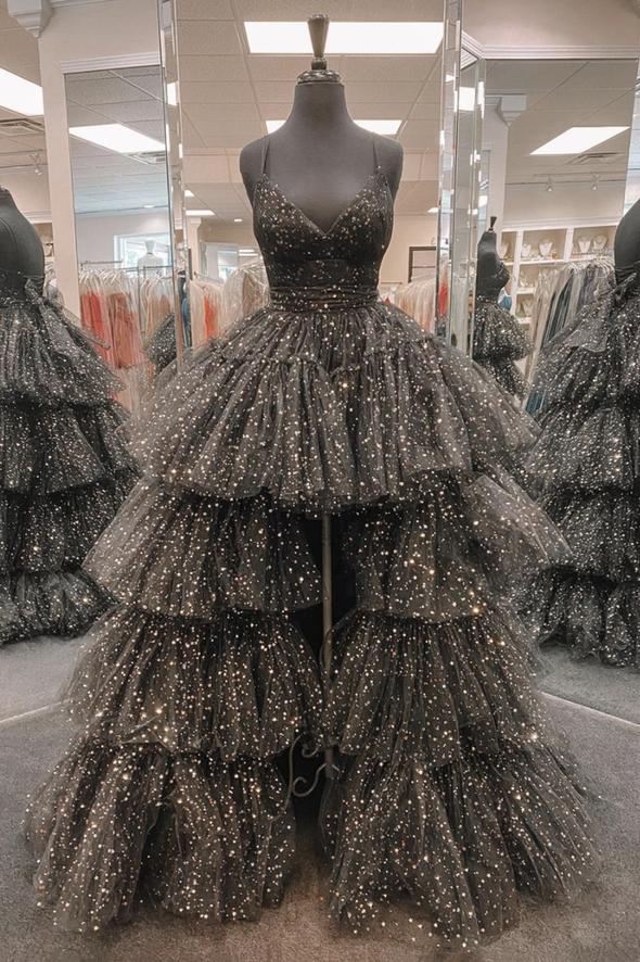 Black tulle high low prom dress black evening dress cg17002