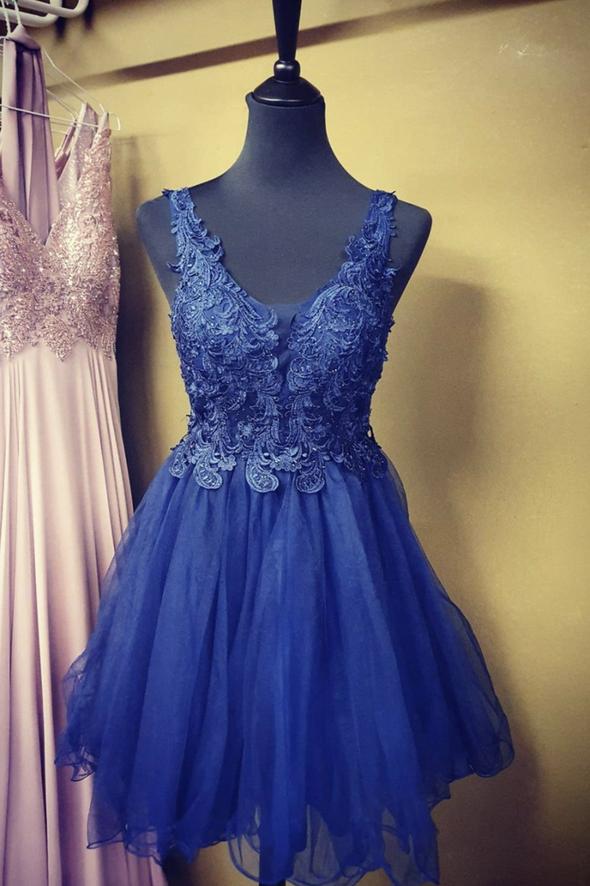 Blue lace short A line evening dress Homecoming Dress cg17005