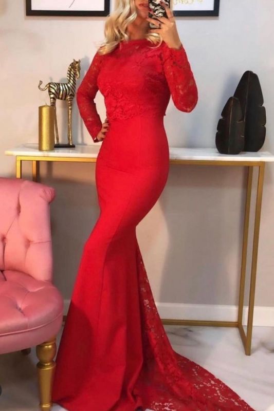 Elegant Mermaid Long Sleeves Red Prom Dress with Lace Online cg17013