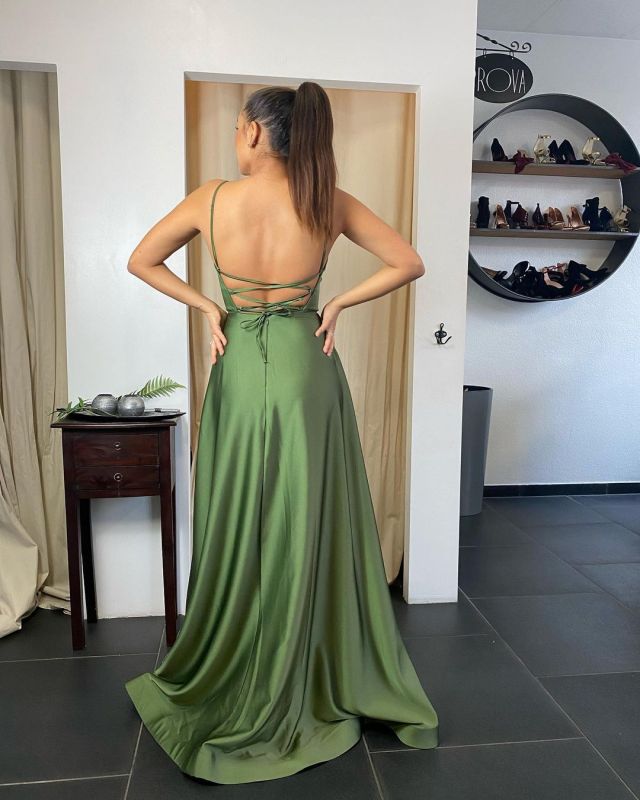 Sexy Spaghetti Straps Satin Ruffles Slit Prom Dress cg17016