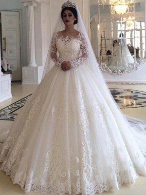 Ballkleid Tüll Applikationen Off-the-Shoulder Lange Ärmel Sweep/Pinsel Schleppe Brautkleider Ballkleid cg17019