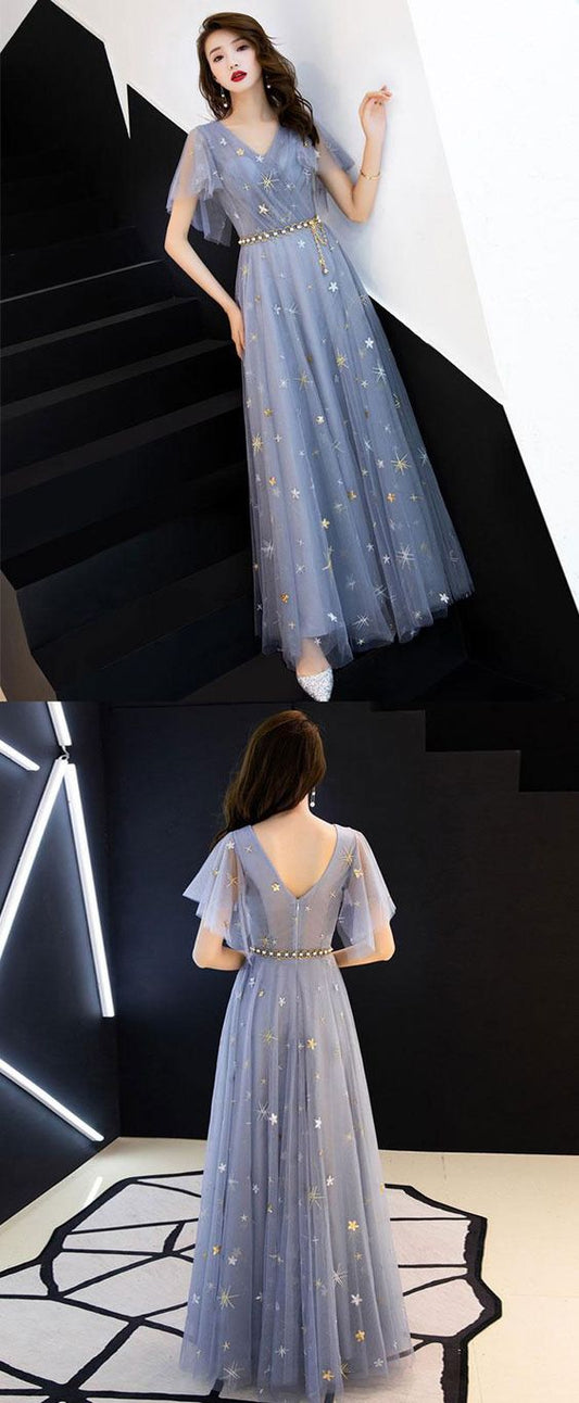 Langes Ballkleid aus blauem Tüll, Brautjungfernkleid aus blauem Tüll cg17029