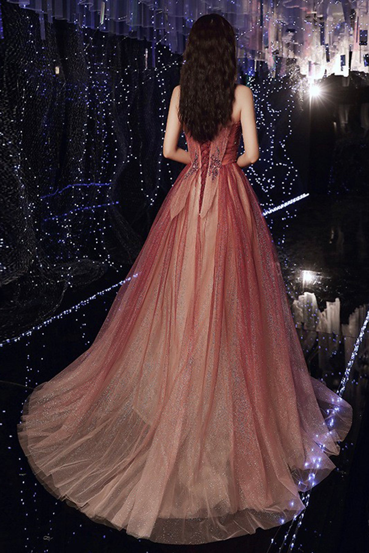 SHINY TULLE SEQUINS LONG PROM DRESS A LINE EVENING DRESS cg17042