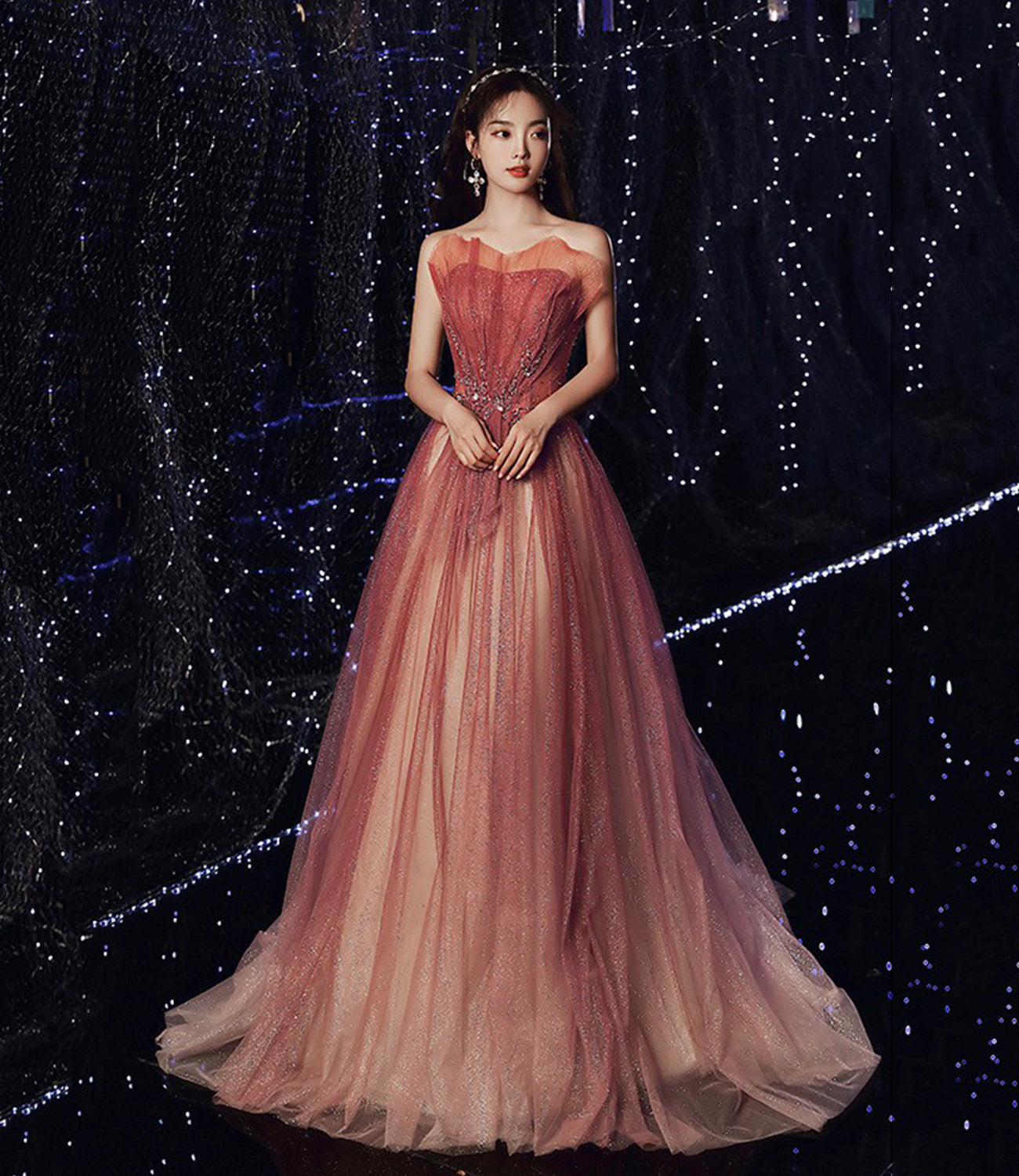 SHINY TULLE SEQUINS LONG PROM DRESS A LINE EVENING DRESS cg17042