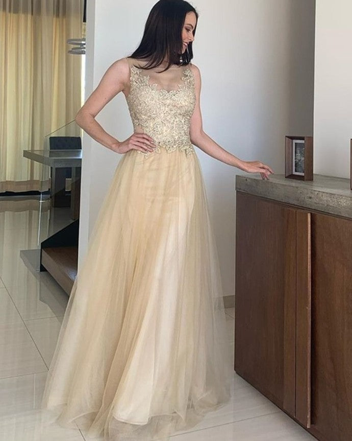O-Neck Appliques A-Line Prom Dresses,Long Prom Dresses,Cheap Prom Dresses cg17050